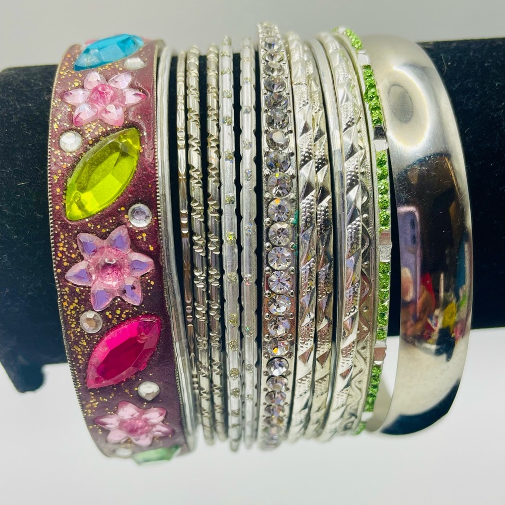 Flower Crystal & Silver Stack Bangle Set. 16 Brac… - image 1
